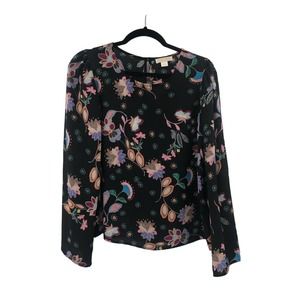 Finn and Grace Dark Floral Flare Sleeve Long Sleeve Lightweight Blouse Small